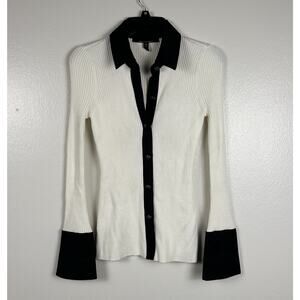WHBM Button Up Top Size XS Ribbed Flare Sleeve Business Chic Preppy Elegant